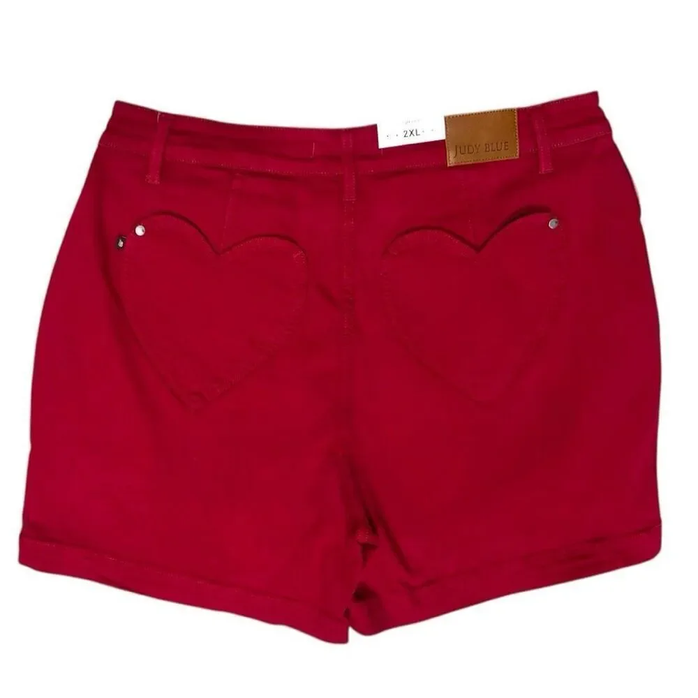 Judy Blue Ruby Red Heart Pocket Tummy Control Shorts Size 2XL NWT